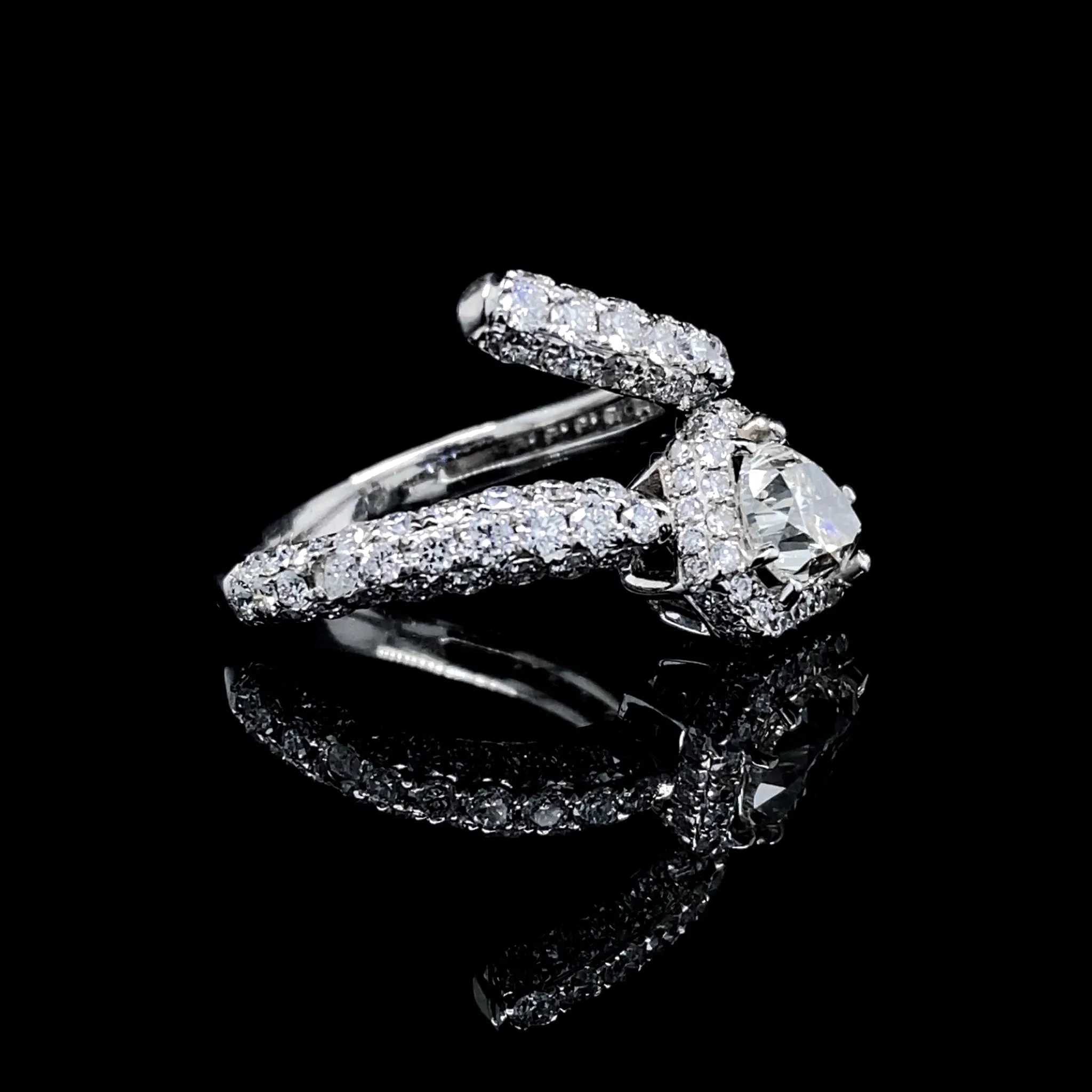 2.80cts L VS2 Pear Center Snake Paved Diamond Engagement Ring 18kt GIA Certified