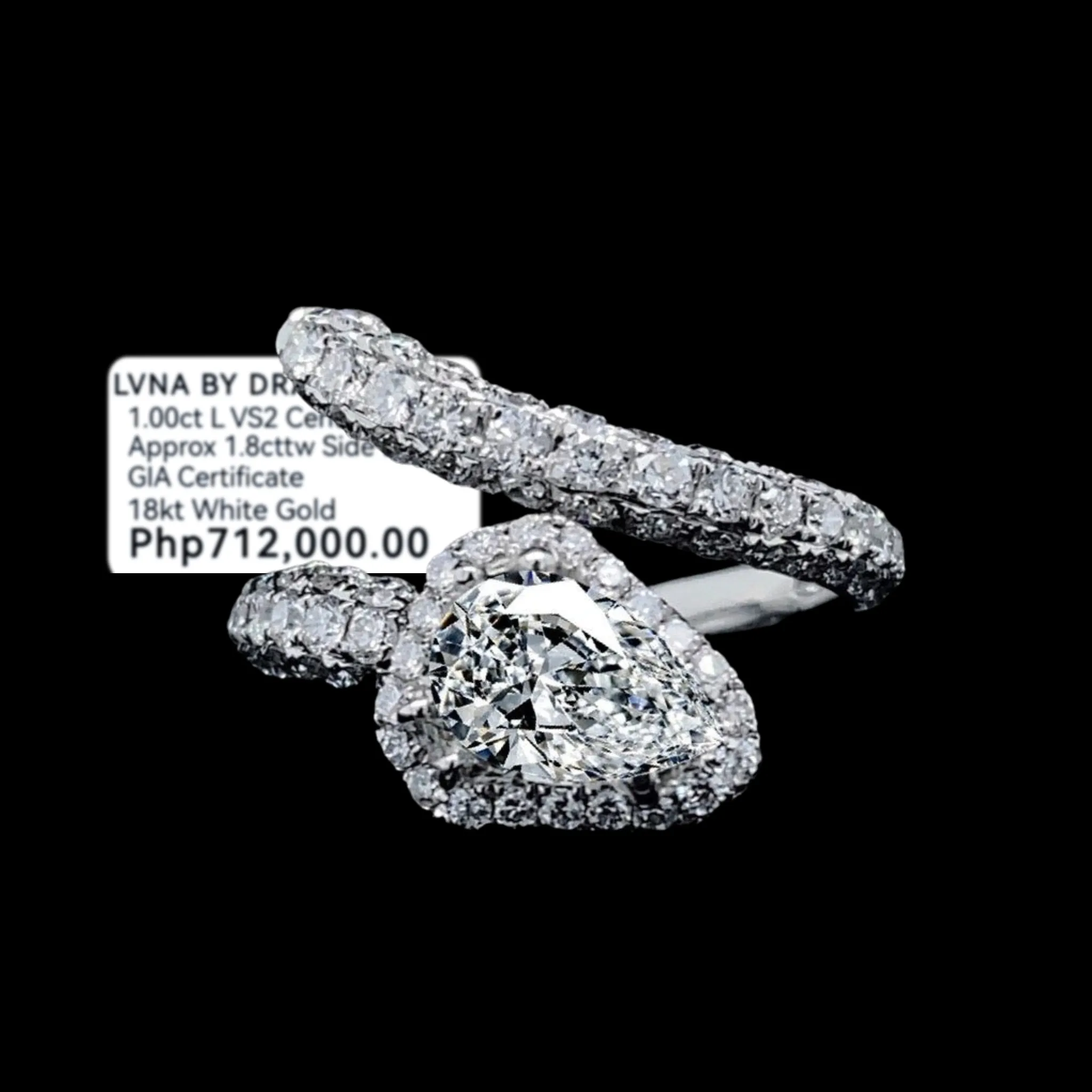 2.80cts L VS2 Pear Center Snake Paved Diamond Engagement Ring 18kt GIA Certified