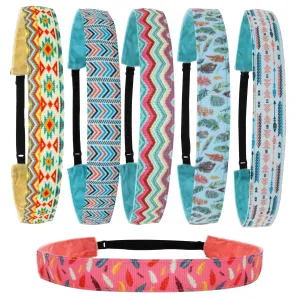 Adjustable No Slip Hippie Headbands - 6 Pack