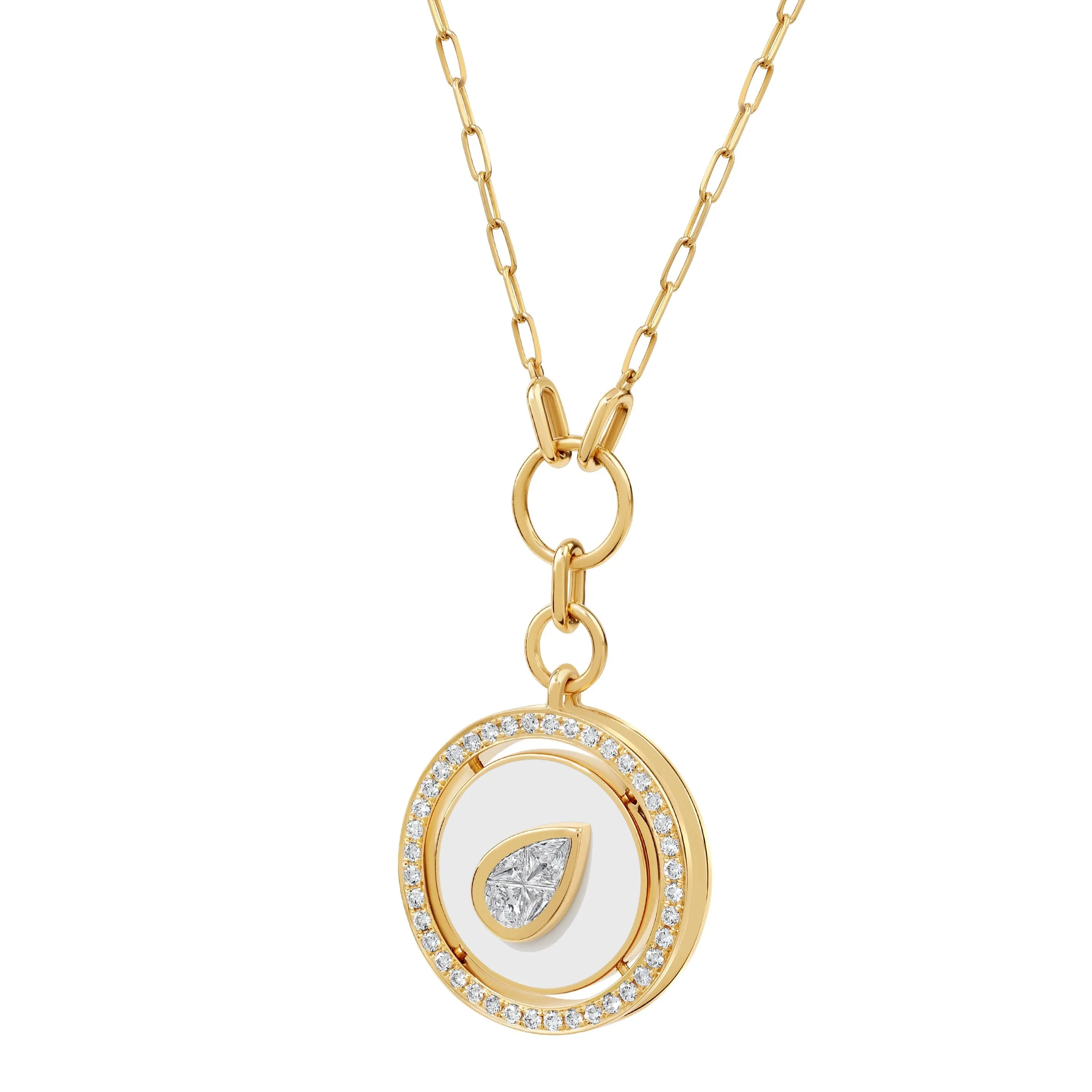 Aebi Pear Diamond in Enamel & Diamond Medallion Pendant Necklace