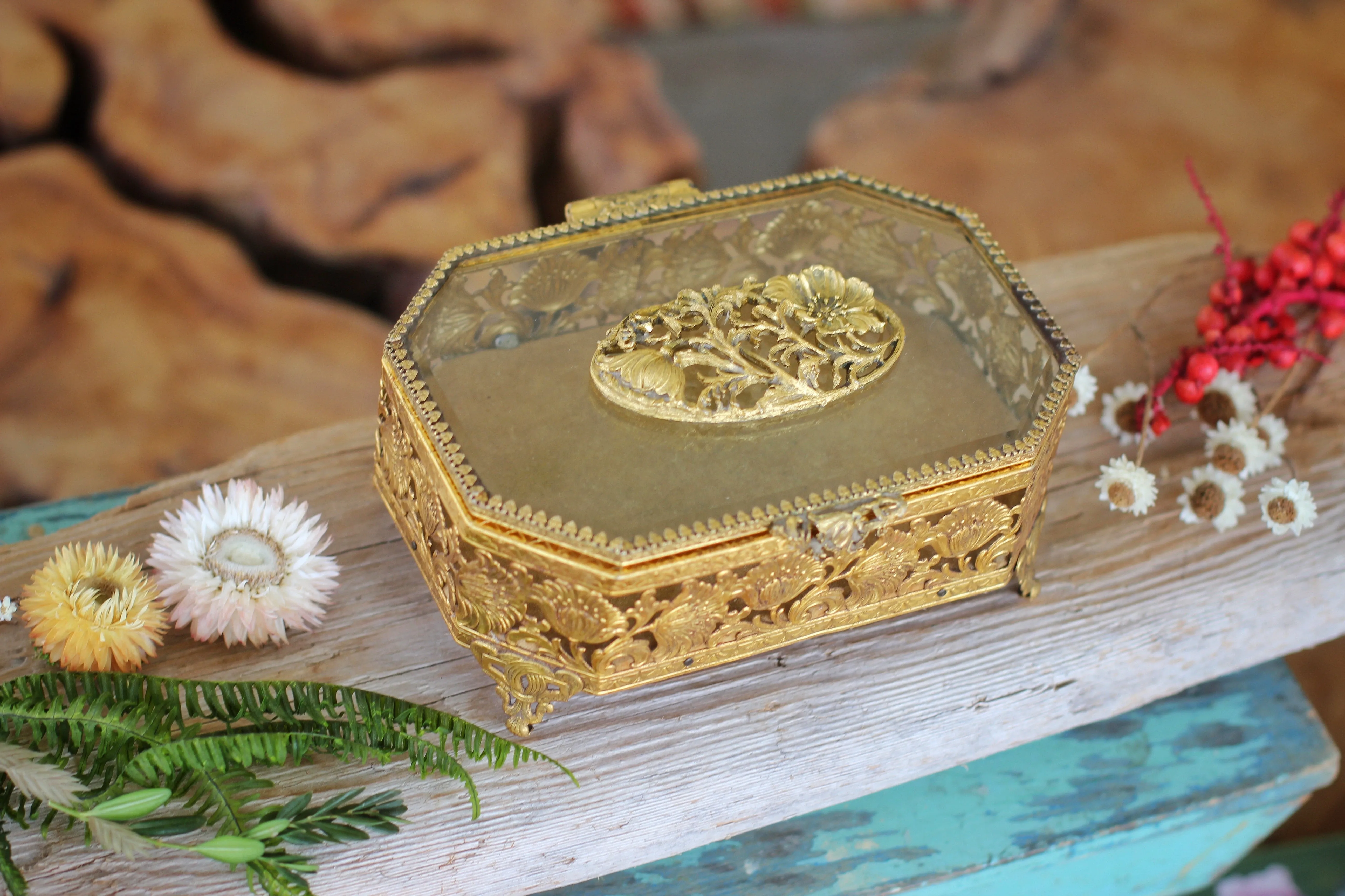 Antique Floral Dogwood Jewelry Box