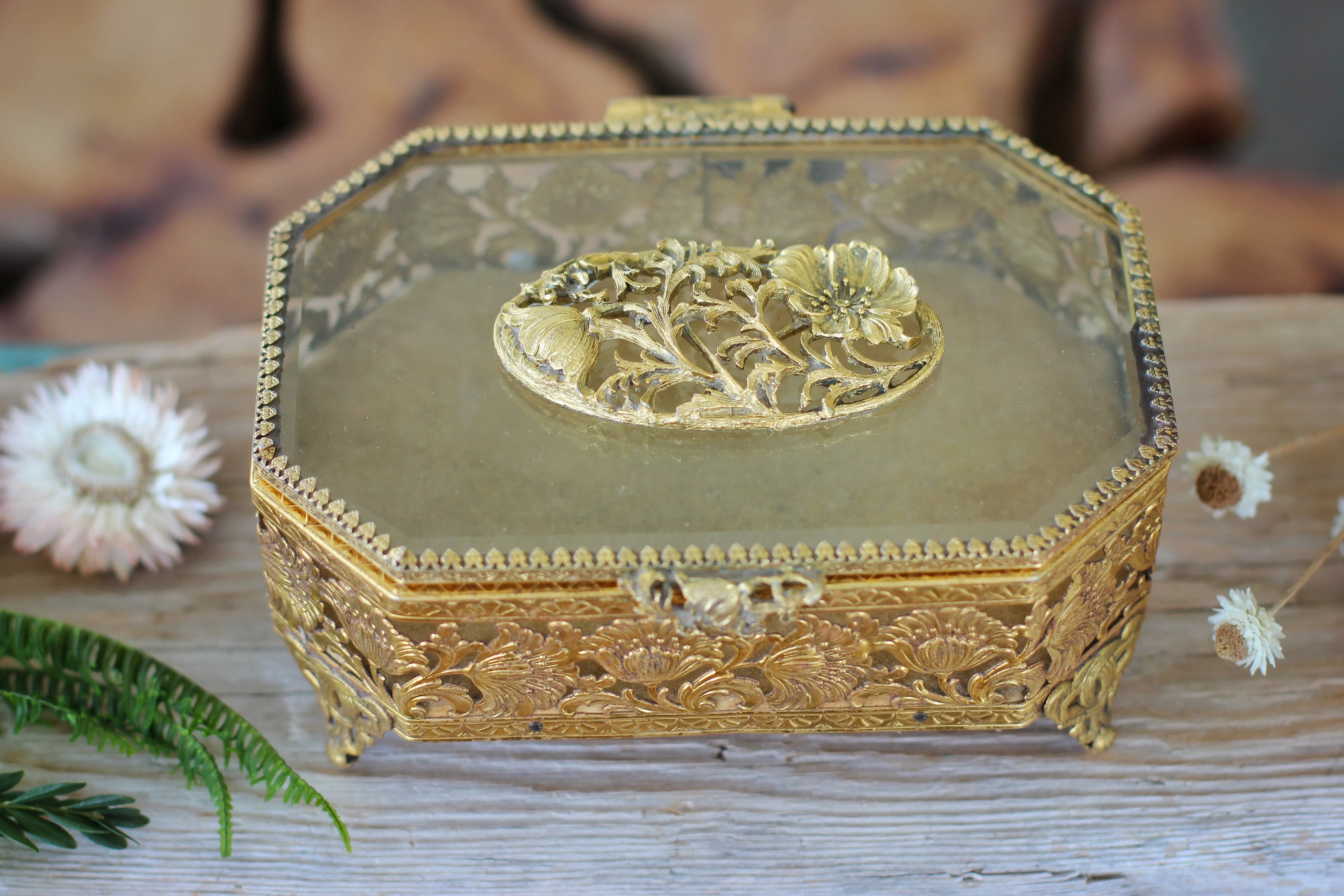 Antique Floral Dogwood Jewelry Box