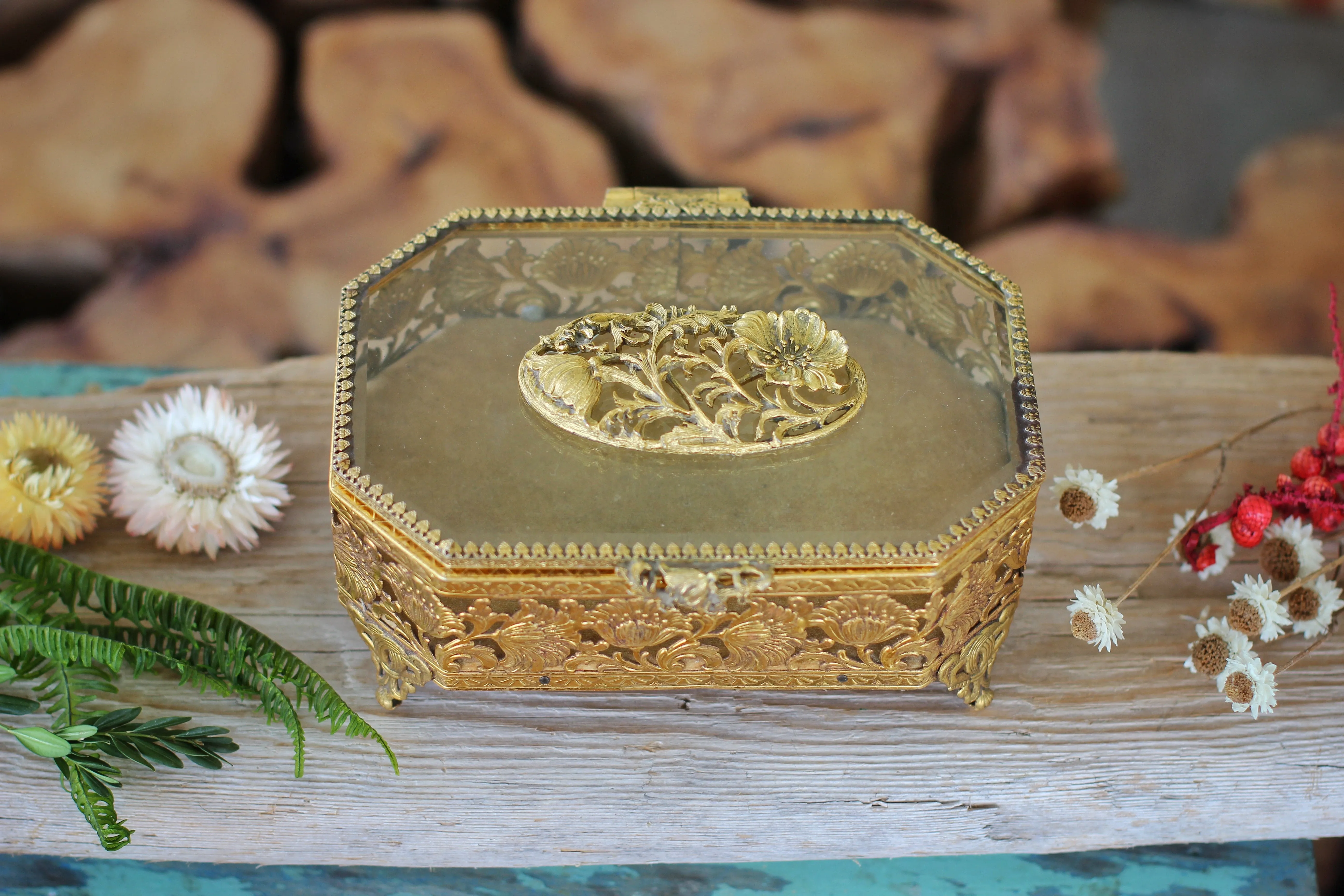 Antique Floral Dogwood Jewelry Box