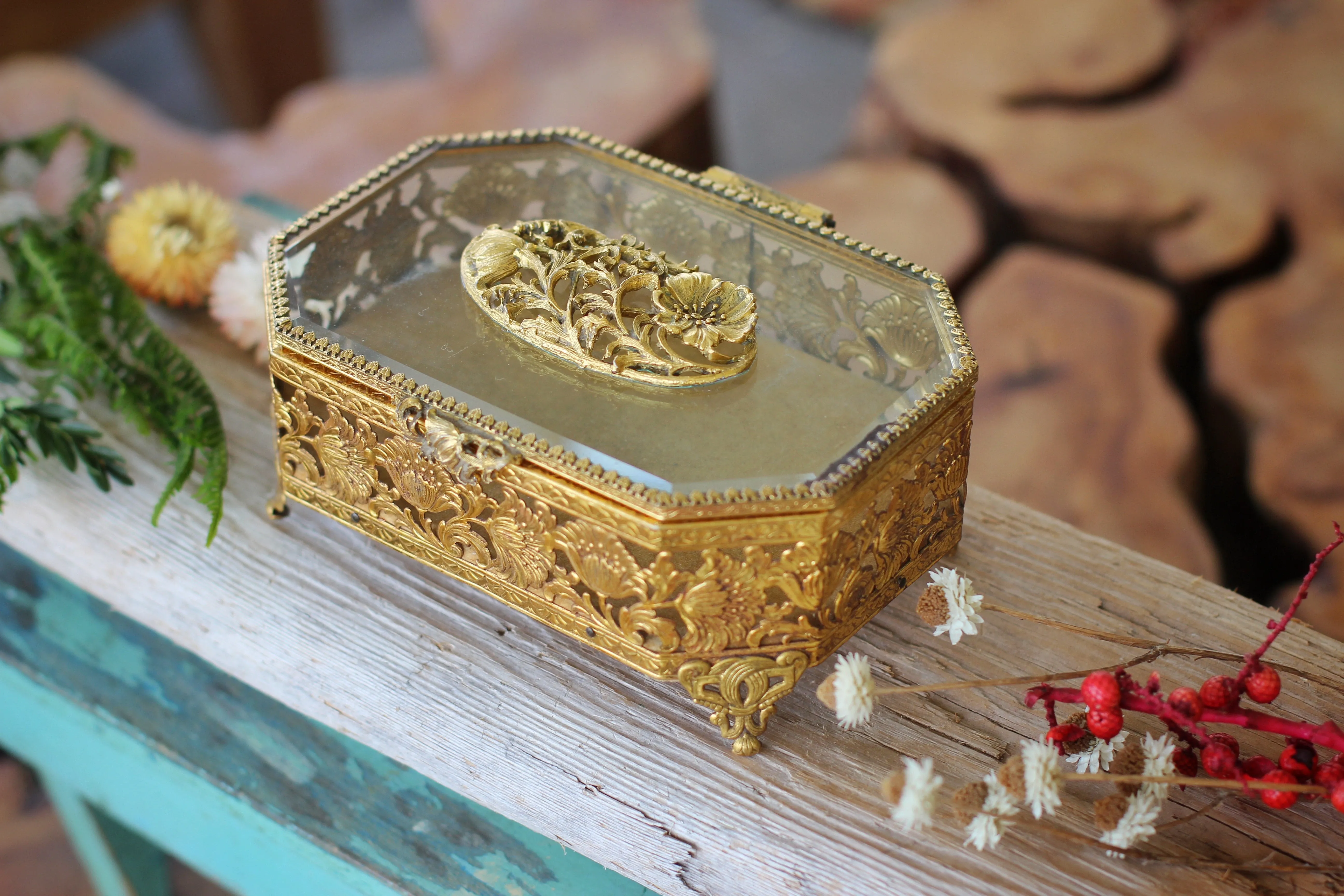 Antique Floral Dogwood Jewelry Box