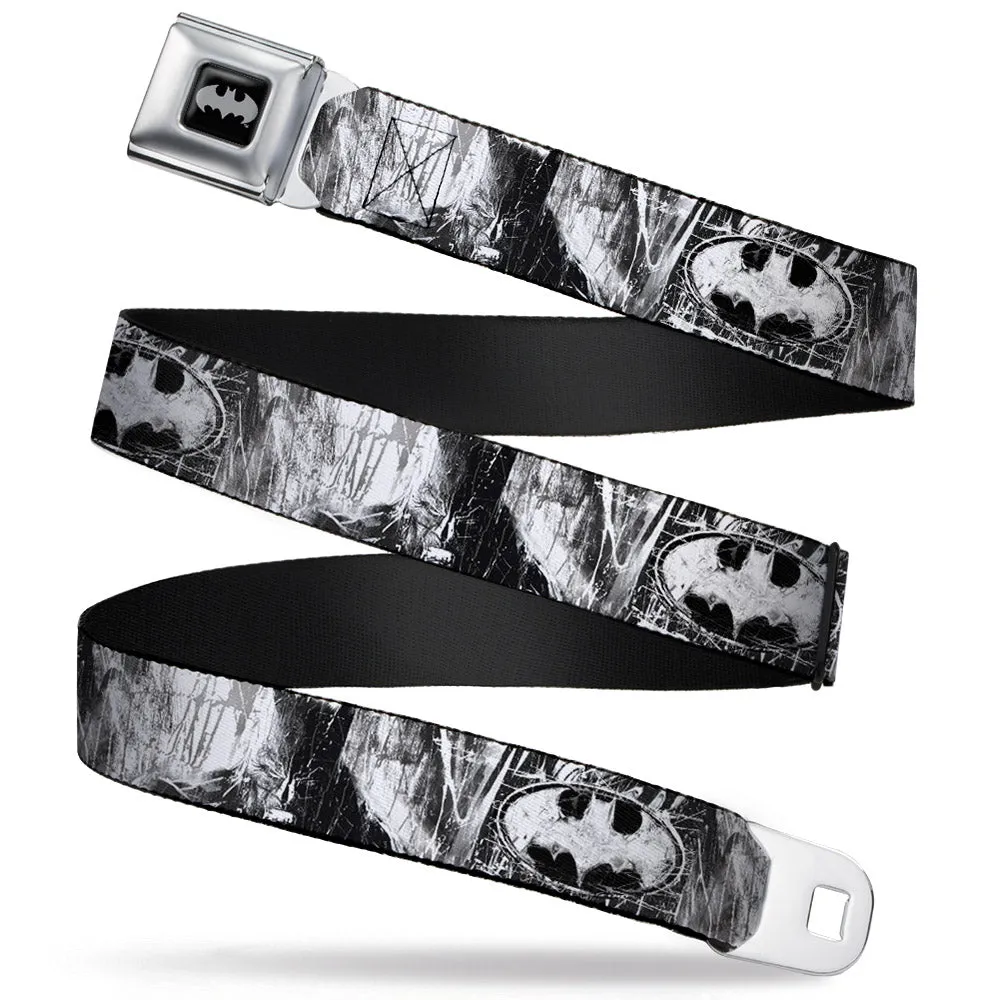 Batman Black Silver Seatbelt Belt - Batman Face/Bat Shield Sketch White/Black Webbing