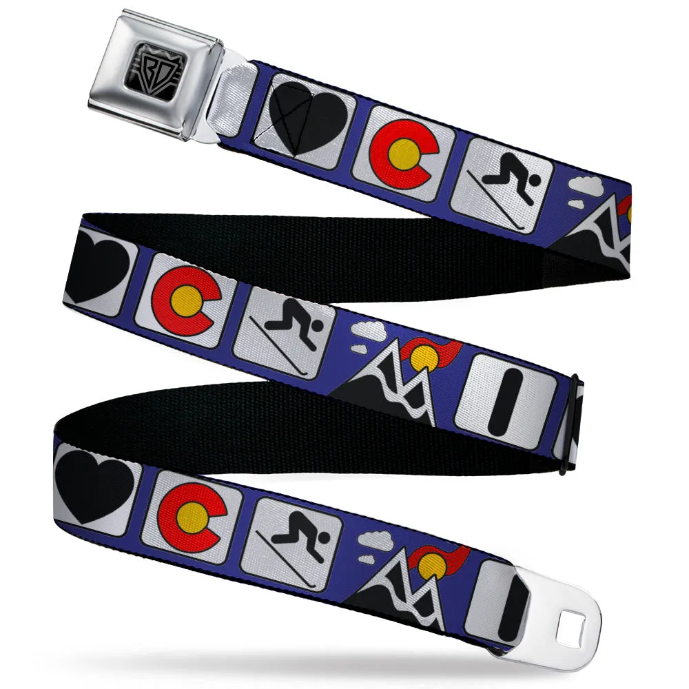 BD Wings Logo CLOSE-UP Black/Silver Seatbelt Belt - I HEART COLORADO SKIING Logos/Mountain Webbing