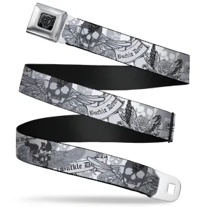 BD Wings Logo CLOSE-UP Full Color Black Silver Seatbelt Belt - BD Skull w/Roses Webbing