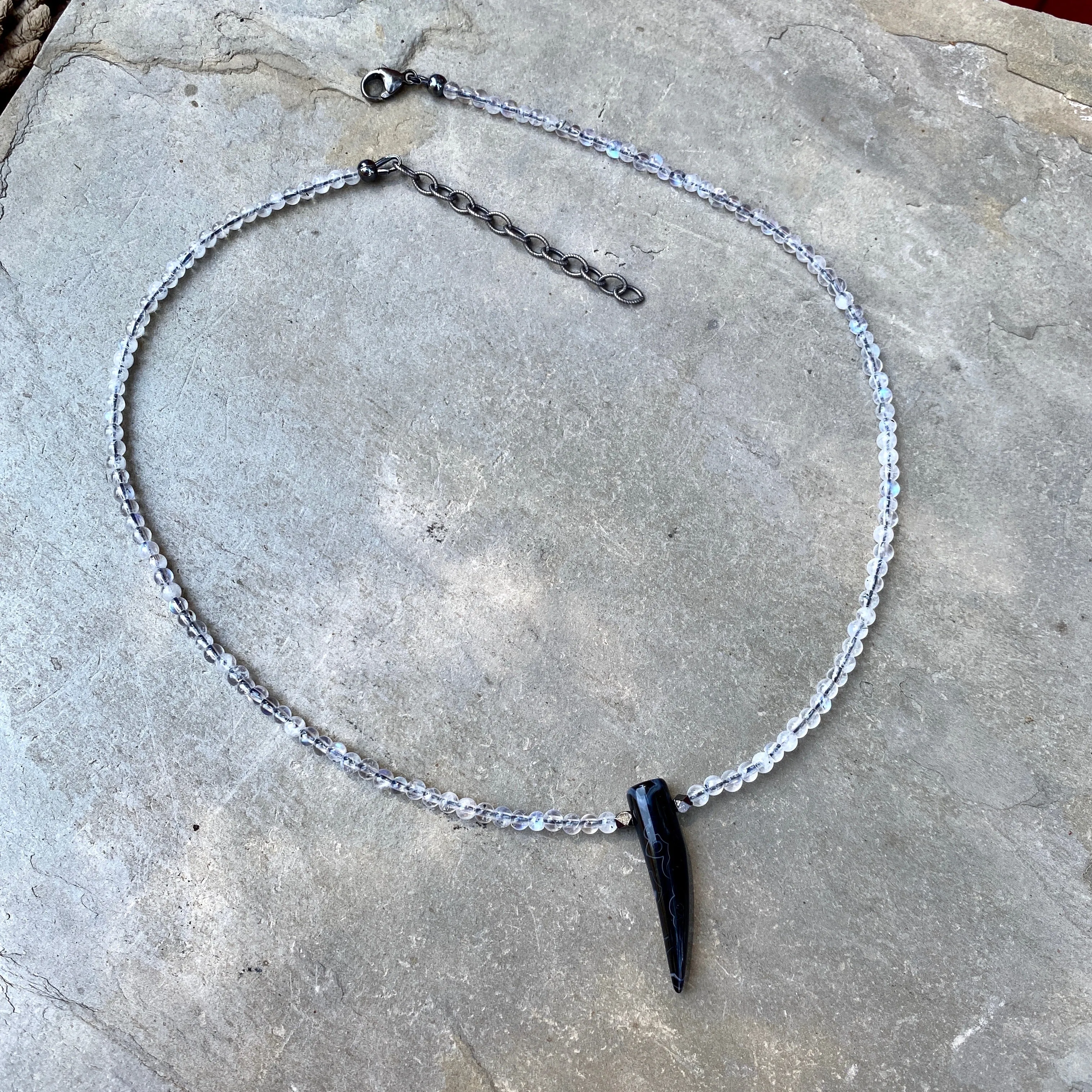 Black Agate Gemstone Horn on Moonstones w/ Sterling Silver Choker