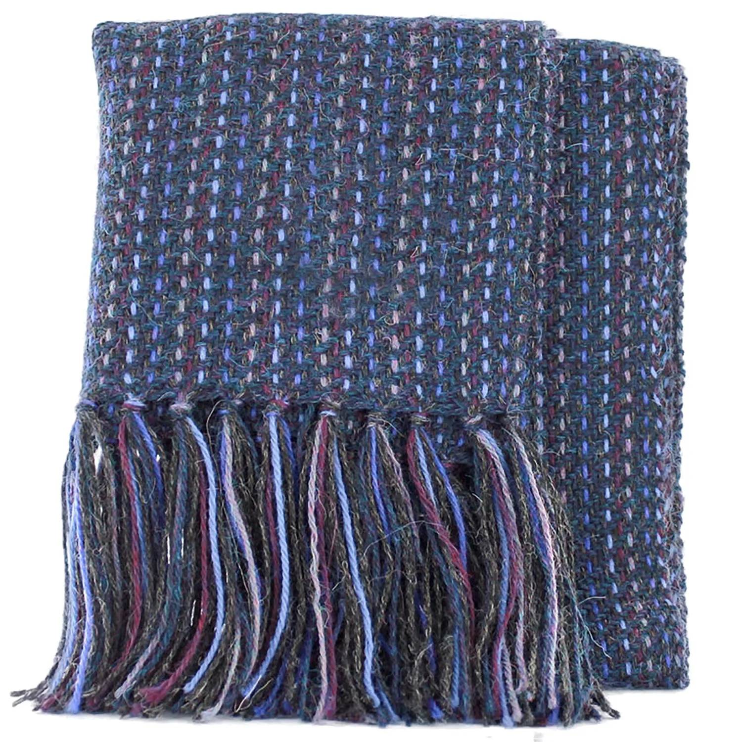 Blue Knit Irish Scarf with Fringe Trim