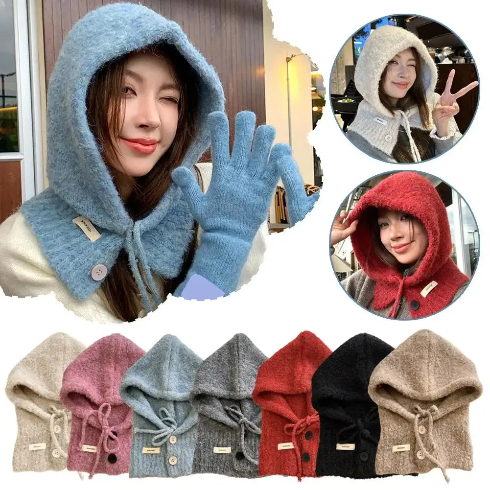 Bonnyshow Fashion Korean Version Balaclava Hat Scarf All-in-One Women Autumn And Winter Warm Earmuffs Hooded Neck Knitted Wool Hat