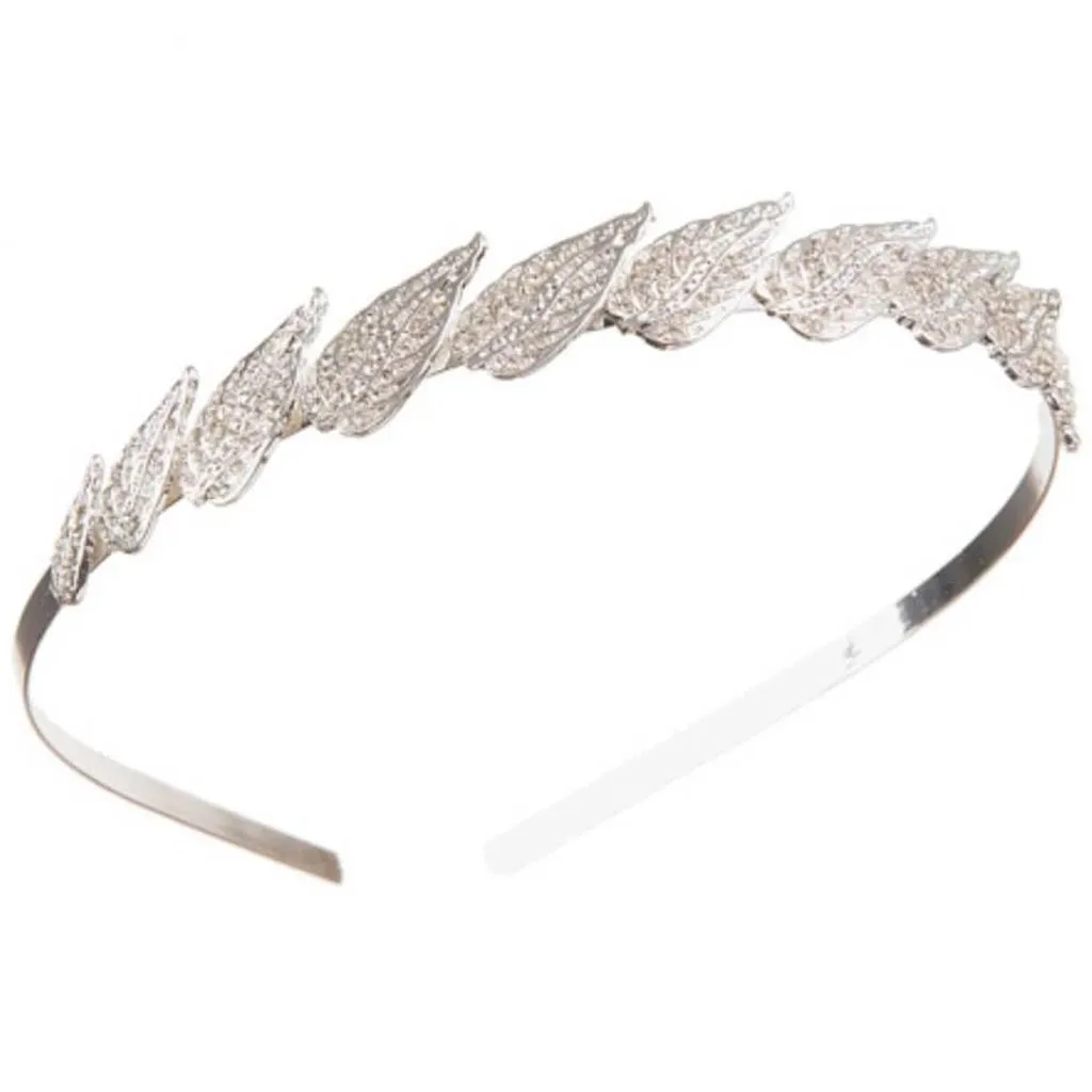 David Tutera Silver Metal Bridal Headband with Rhinestone Leaf Embellishments