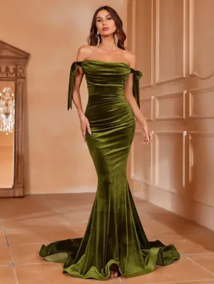 Elegant Off Shoulder Knot Side Velvet Mermaid Dress