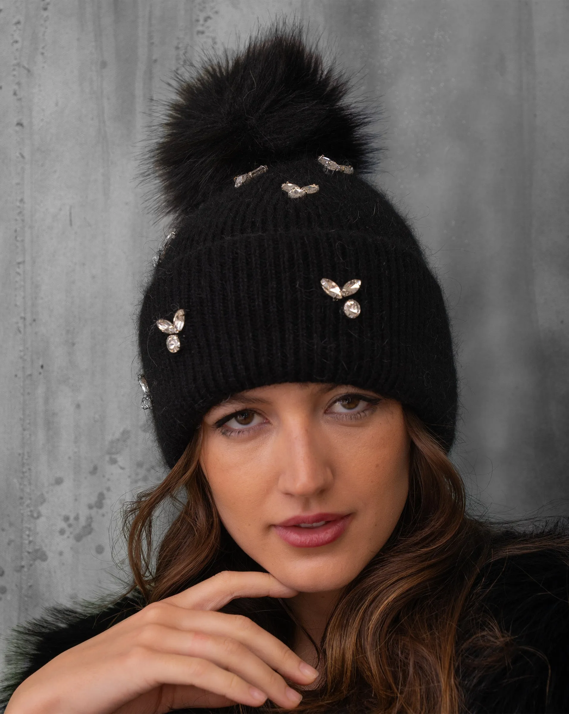 Embellished Beanie Hat with Pom-Pom