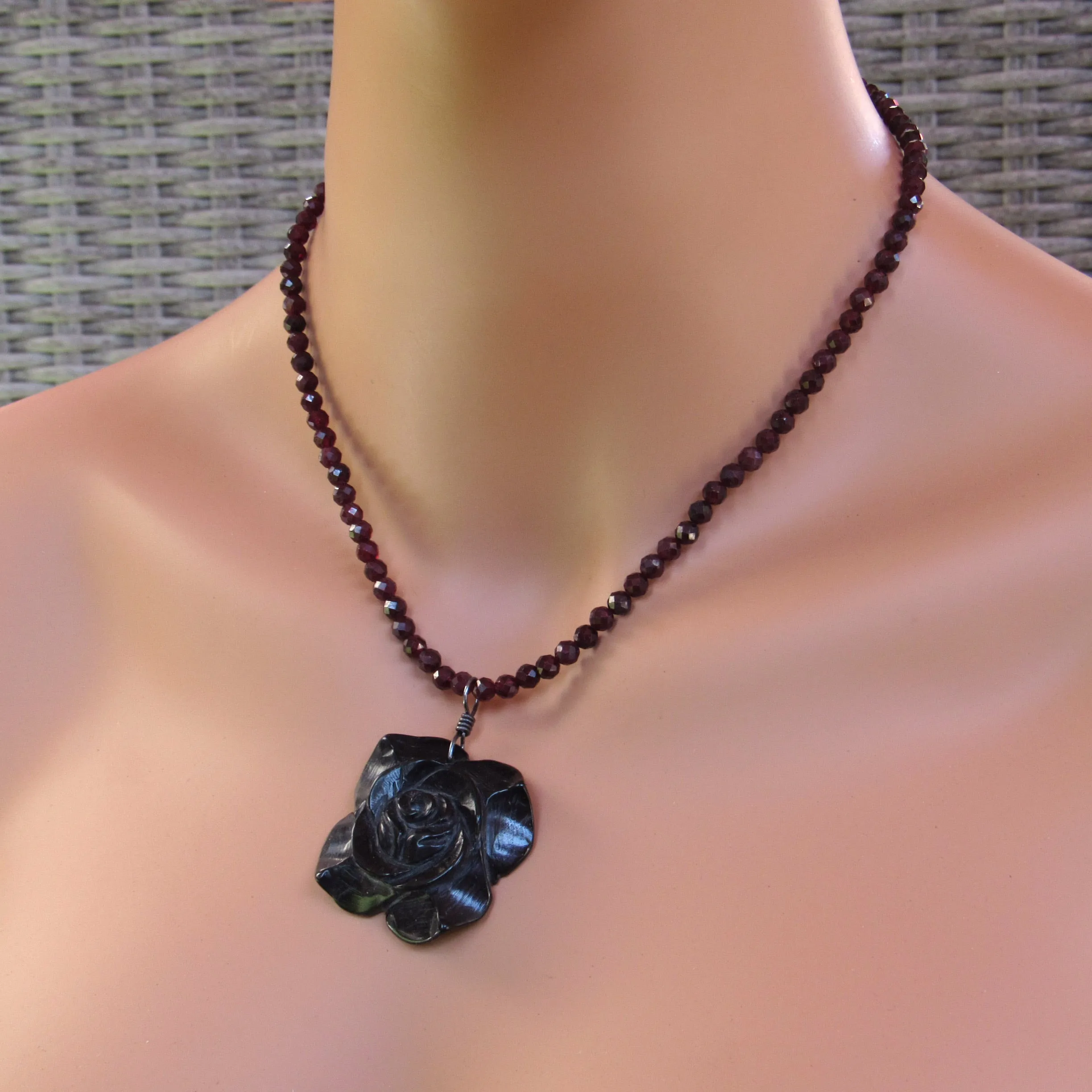 Faceted Garnets with Black Rose Jade Pendant and Oxidized Sterling Silver