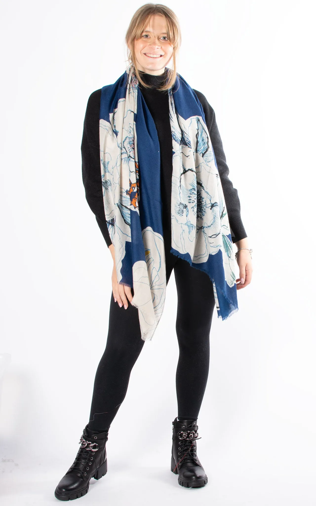 Floral Sketch Pashmina | Navy