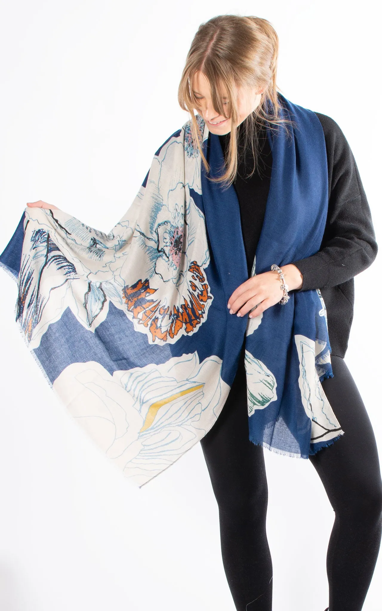 Floral Sketch Pashmina | Navy