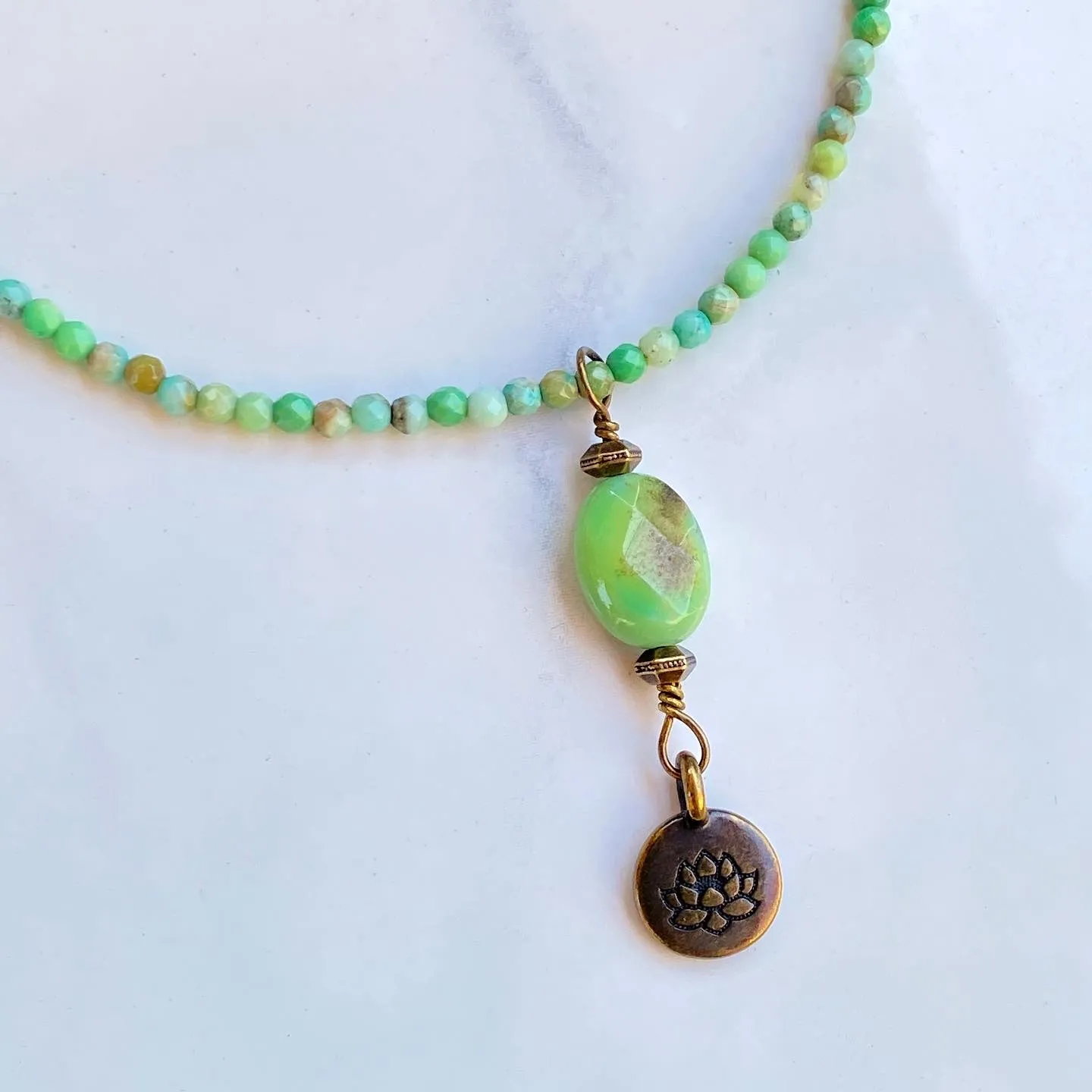 Green Opal gemstone and brass Lotus pendant Necklace