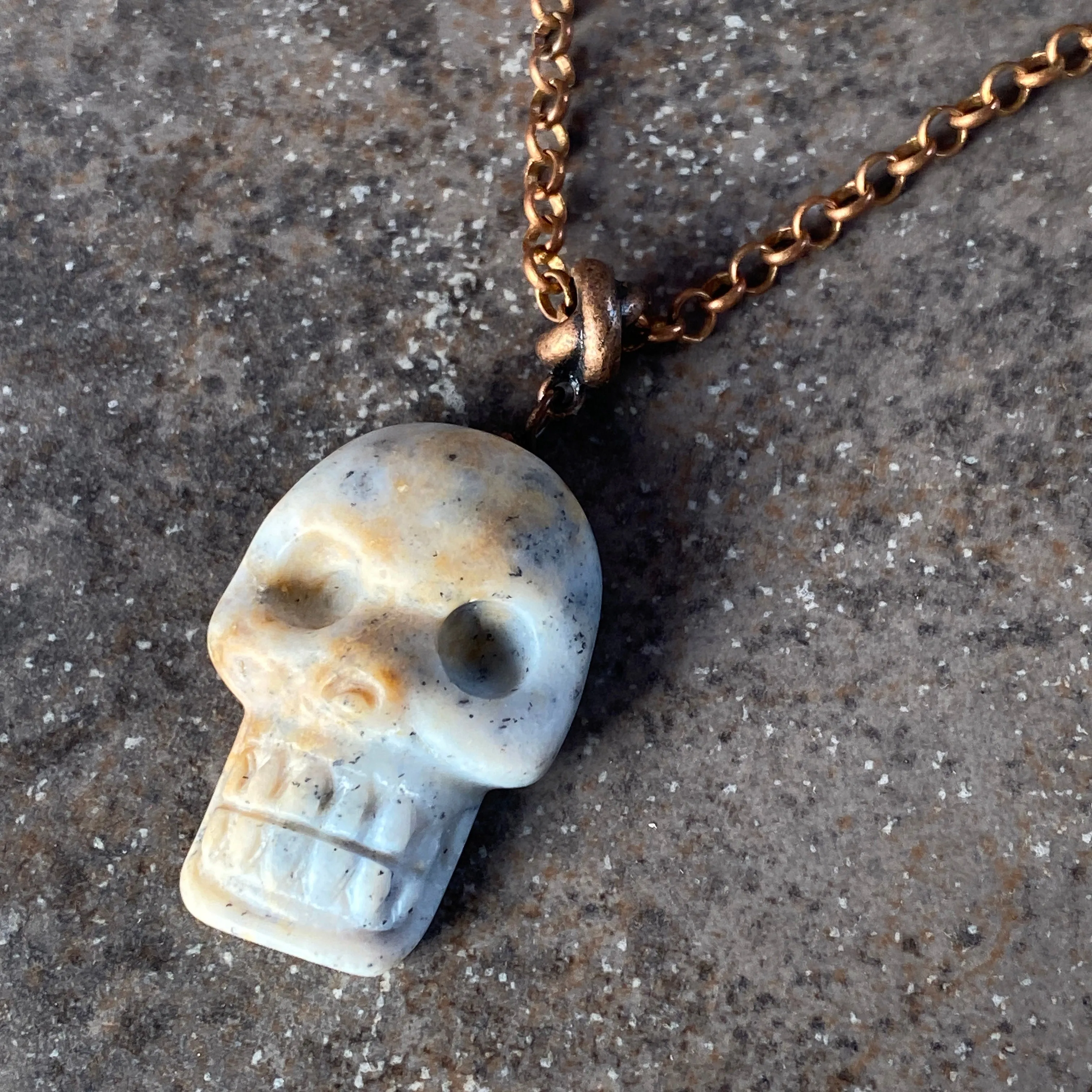 Ice Agate gemstone Skull on Copper chain necklace