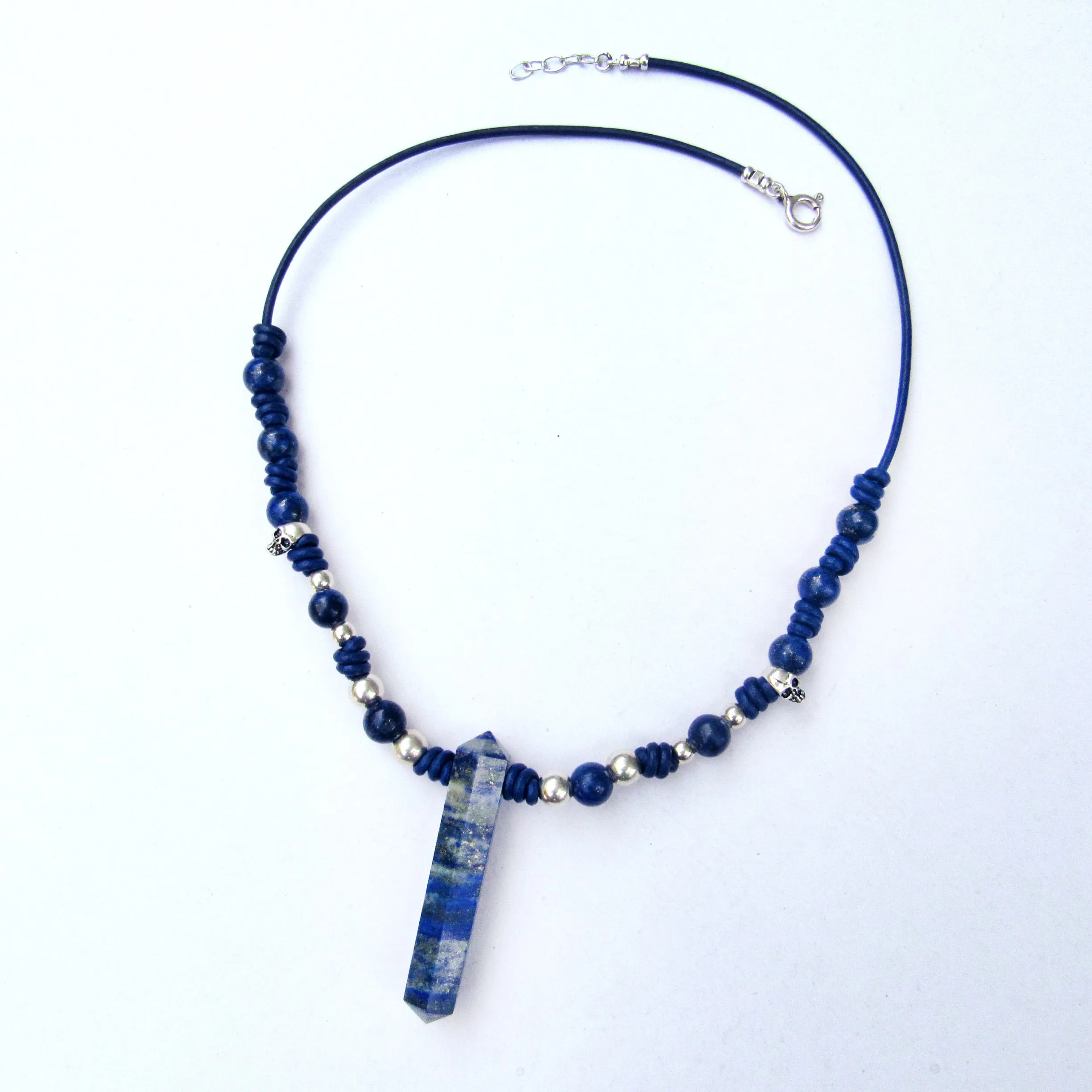 Lapis Lazuli and Sterling Silver Skulls Hand Knotted Sterling Silver Necklace