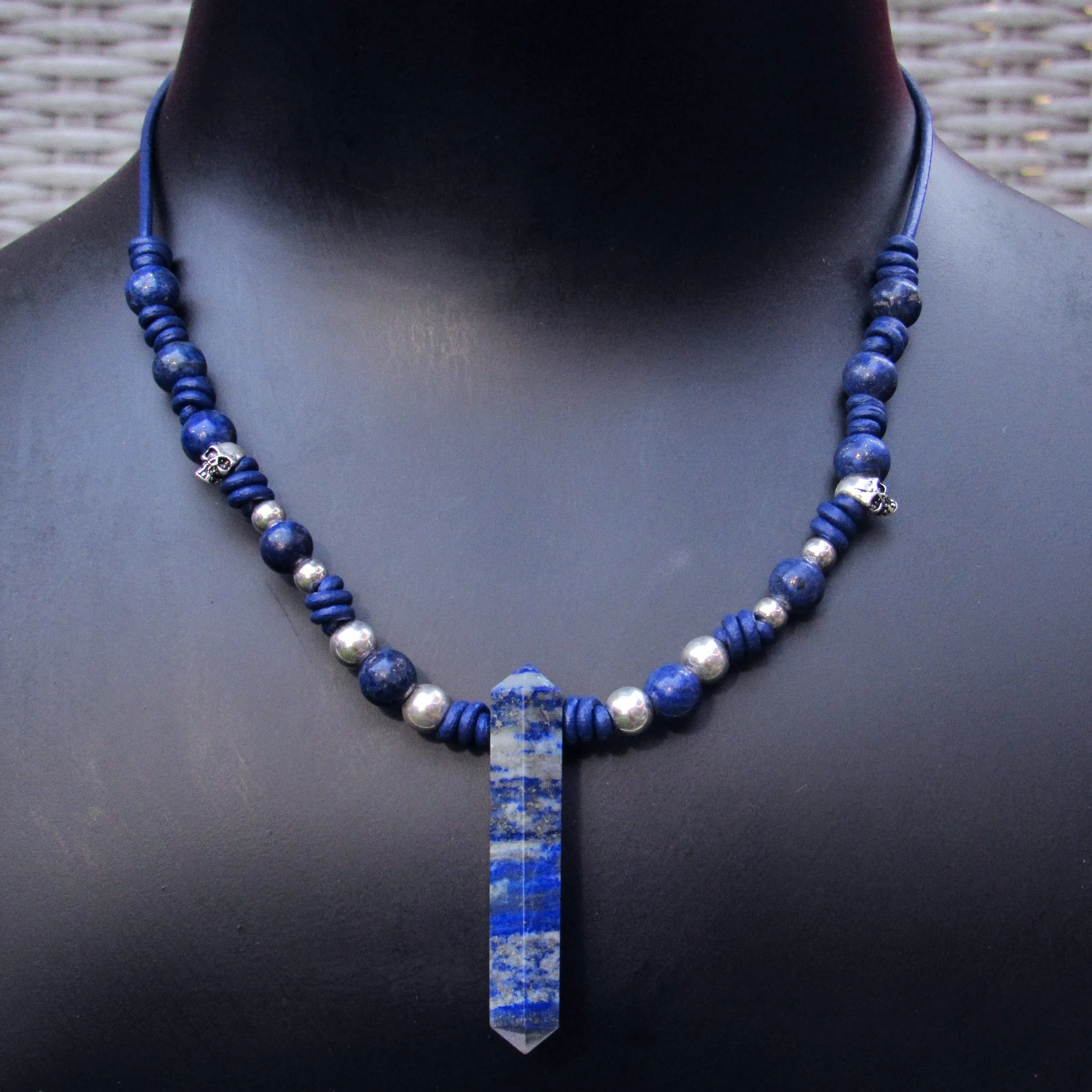 Lapis Lazuli and Sterling Silver Skulls Hand Knotted Sterling Silver Necklace