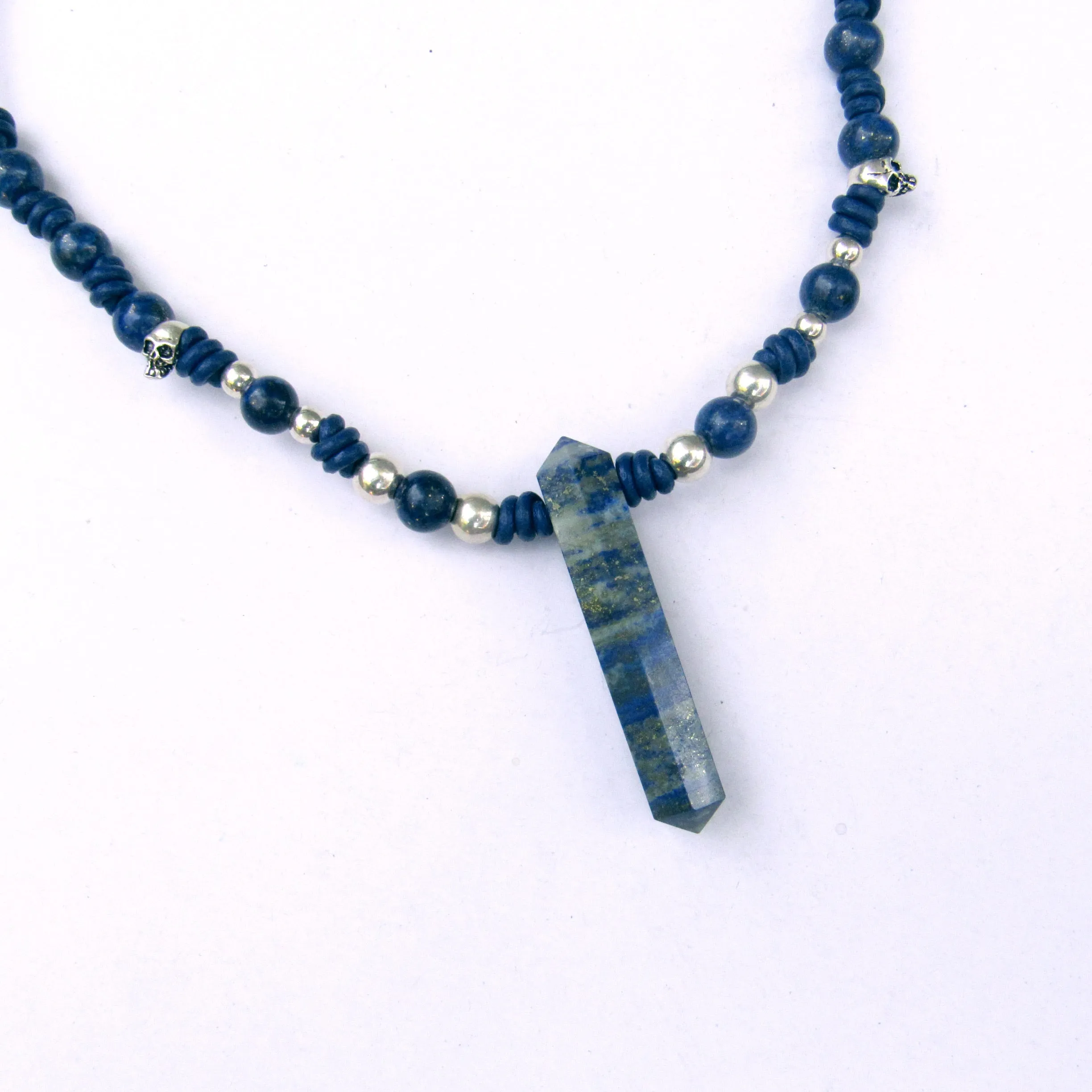 Lapis Lazuli and Sterling Silver Skulls Hand Knotted Sterling Silver Necklace