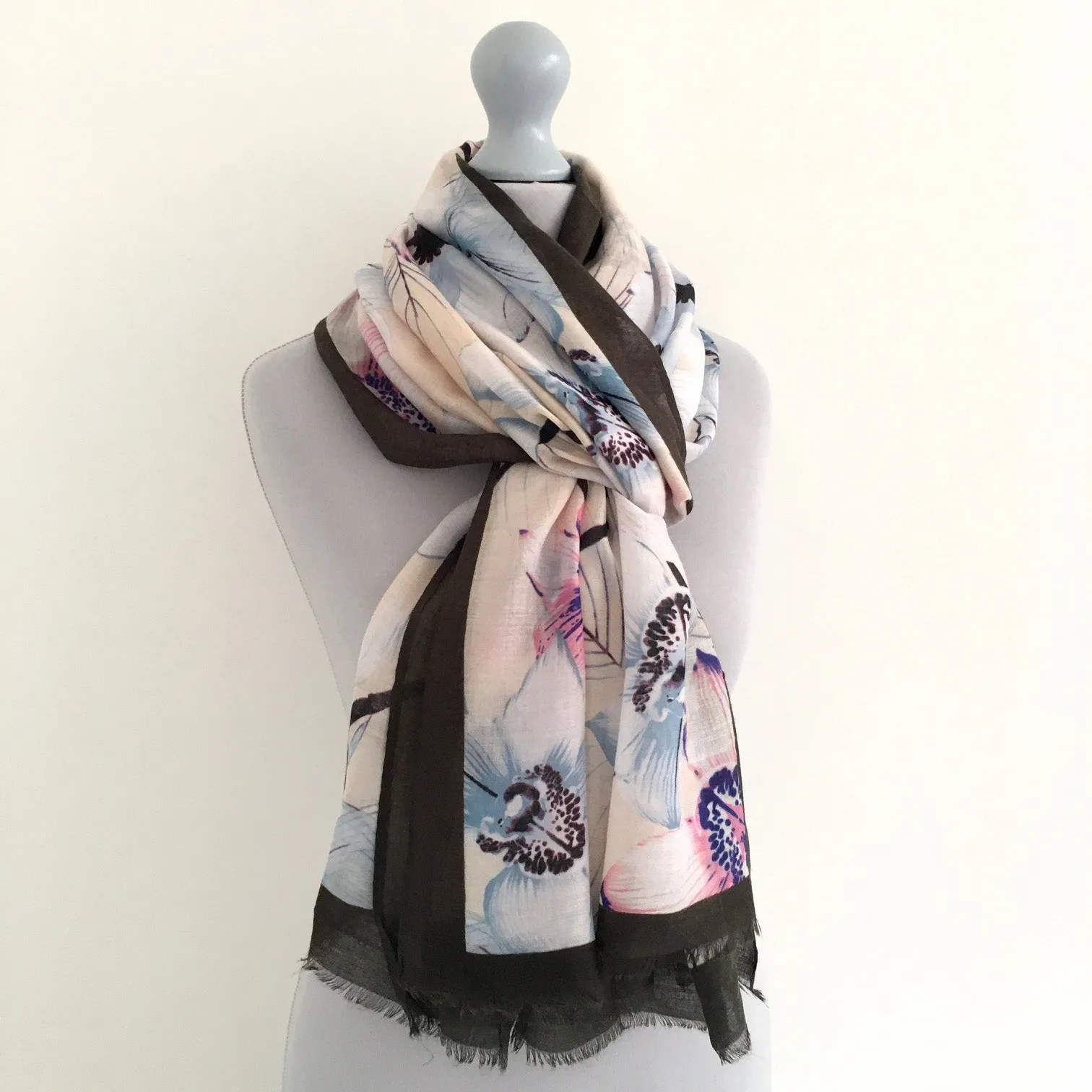 LARGE DARK BROWN BORDER FLORAL PRINT SCARF