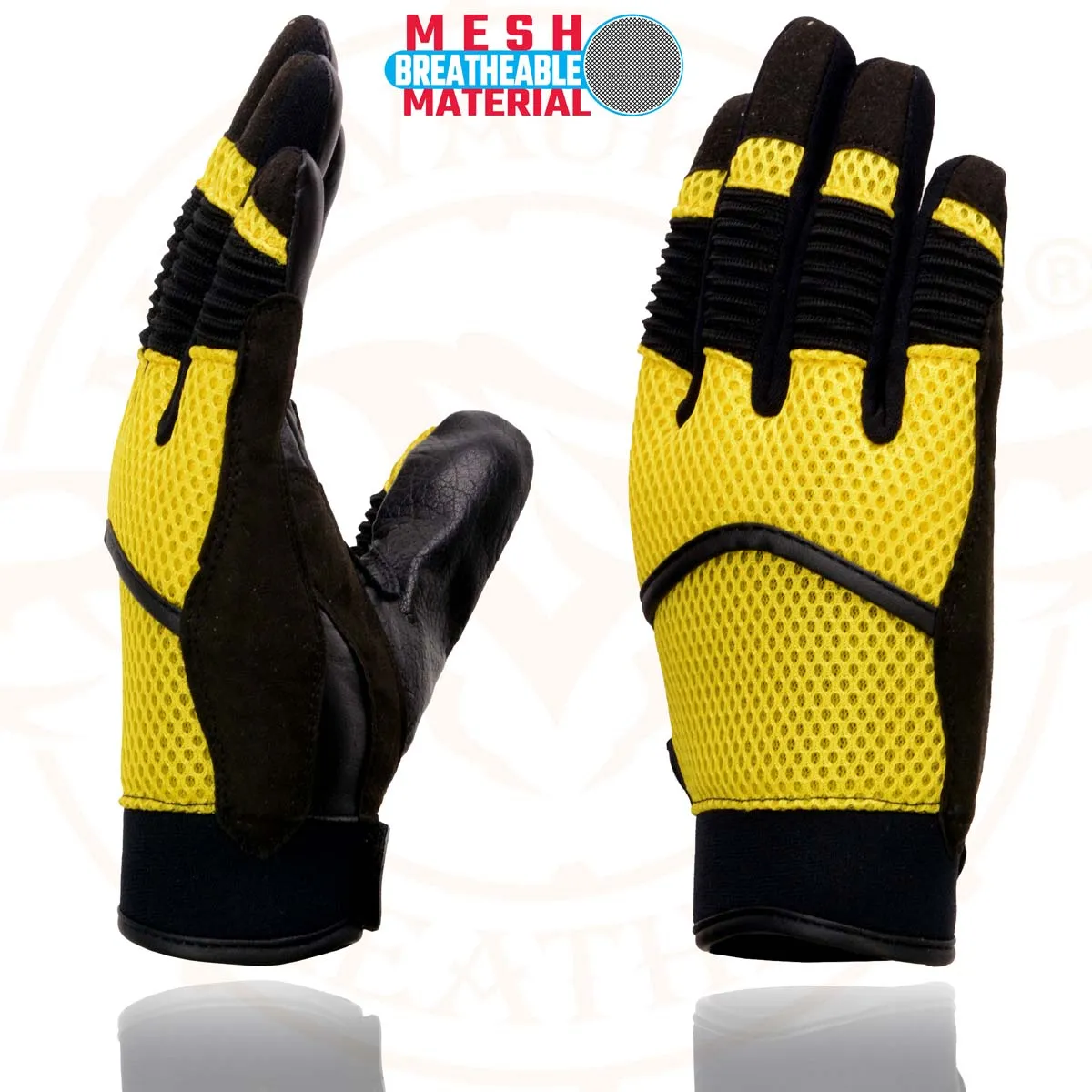 Milwaukee Leather SH791 Men's Black Leather and Yellow Mesh Combo Racing Motorcycle Hand Gloves W/ Elasticized Fingers