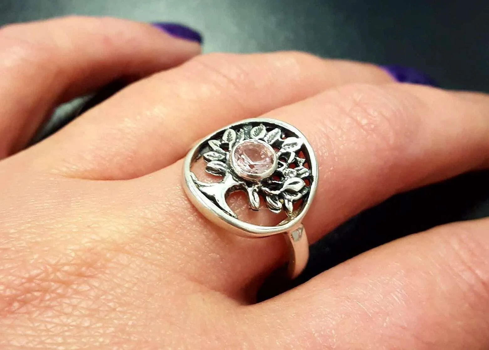 Morganite Ring - Tree of Life Ring - Round Pink Ring