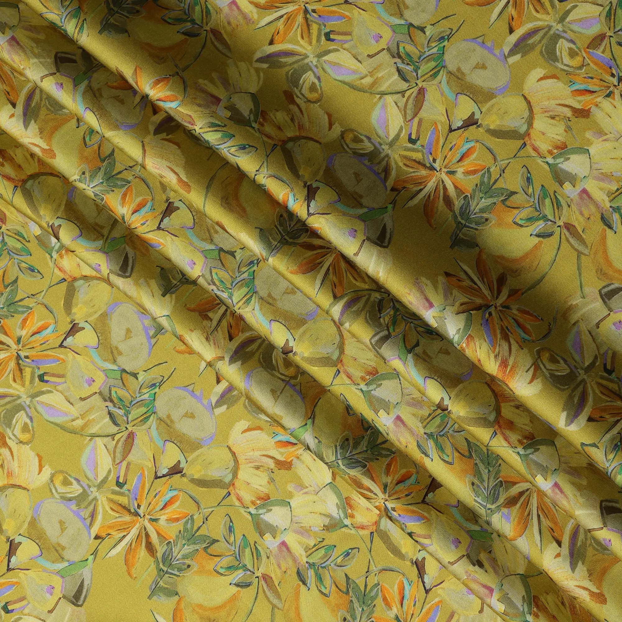 Olive Green Synthetic Modal Satin Fabric with Tropical Floral Print, 110 cm Width-D20953