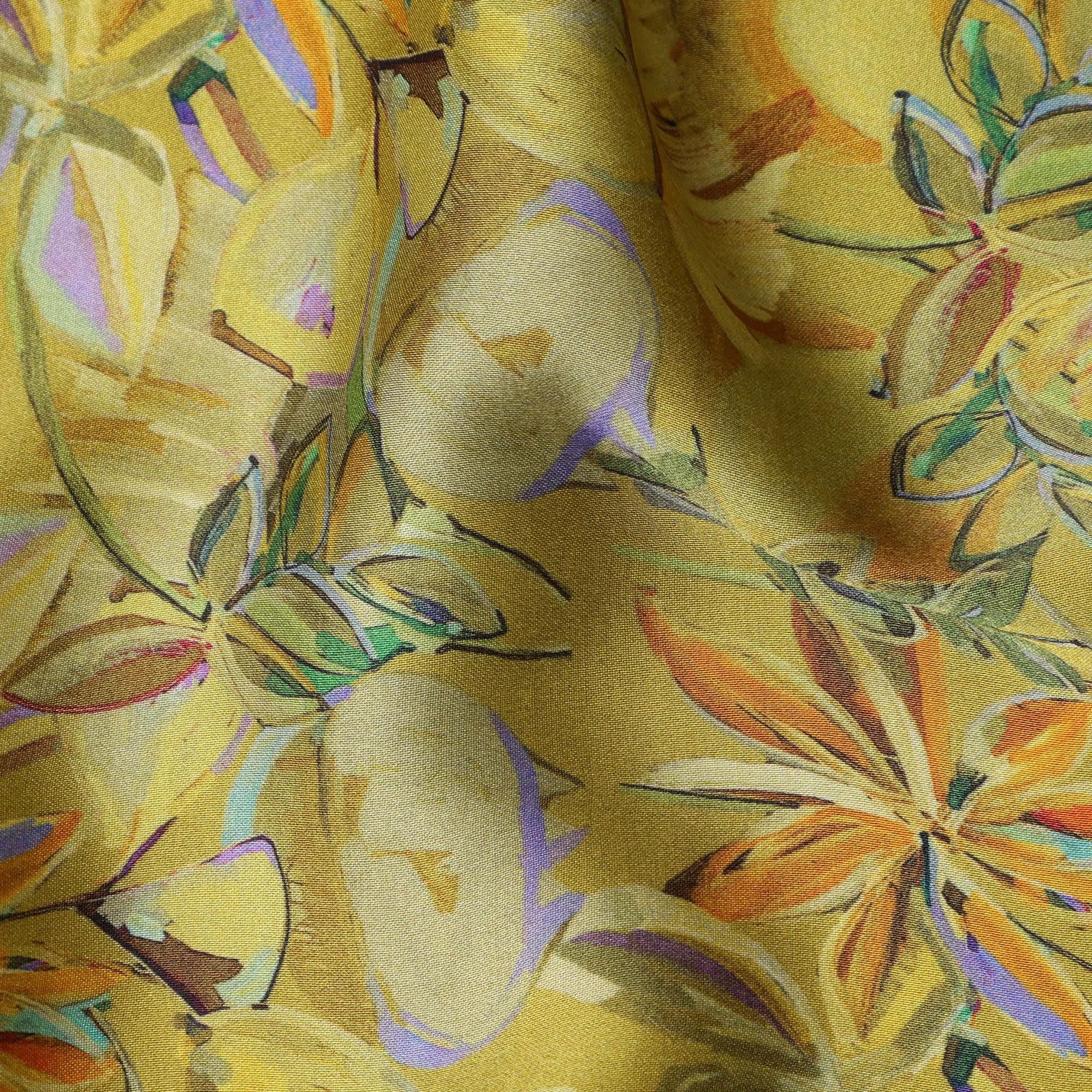 Olive Green Synthetic Modal Satin Fabric with Tropical Floral Print, 110 cm Width-D20953