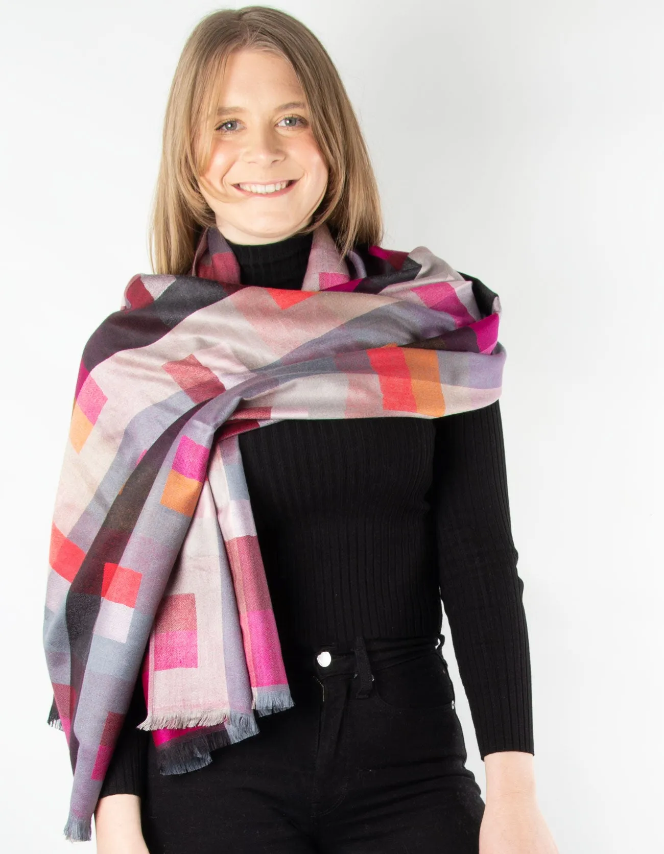 Patterned Pashmina Geometric Multicoloured Hot Pink