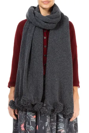 Pom-Pom Edge Dark Grey Wool Scarf