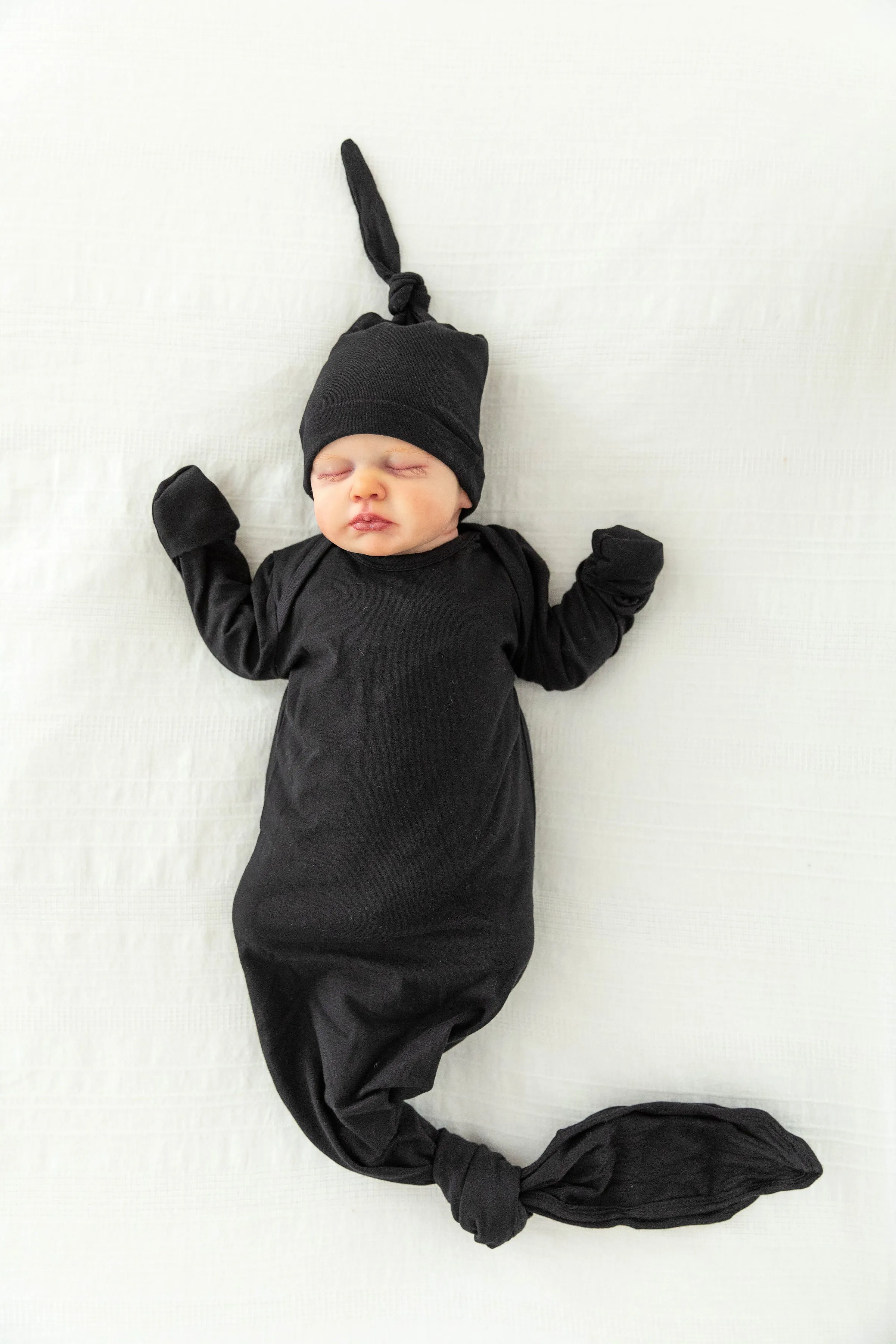 Solid Black Newborn Baby Knotted Gown & Knotted Hat Set