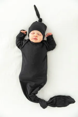 Solid Black Newborn Baby Knotted Gown & Knotted Hat Set