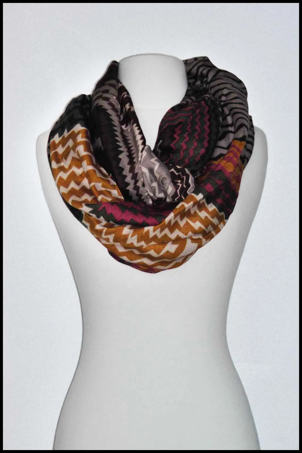 Tribal Pattern Infinity Scarf with Geometric Zigzags and Bold Lines