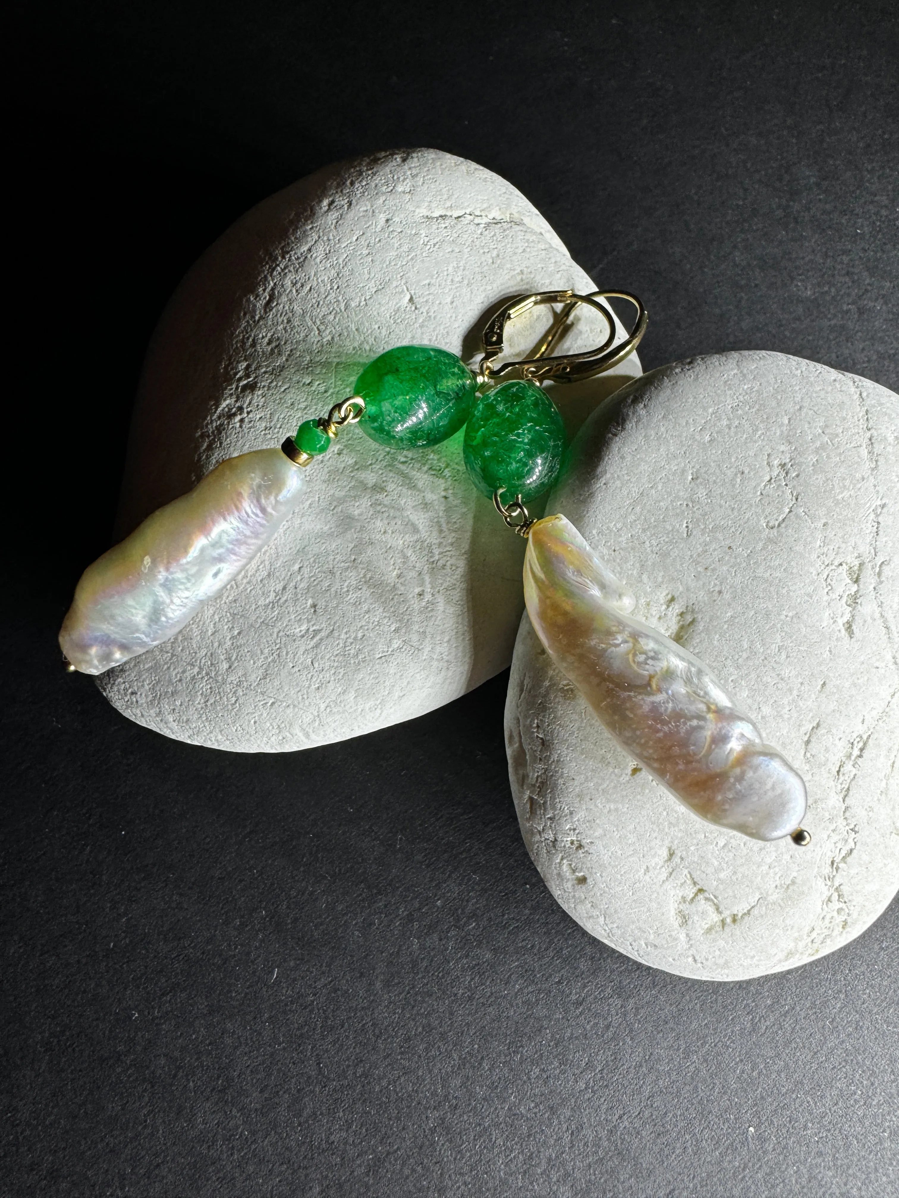 Zambian Emerald & Biwa Pearl Earrings