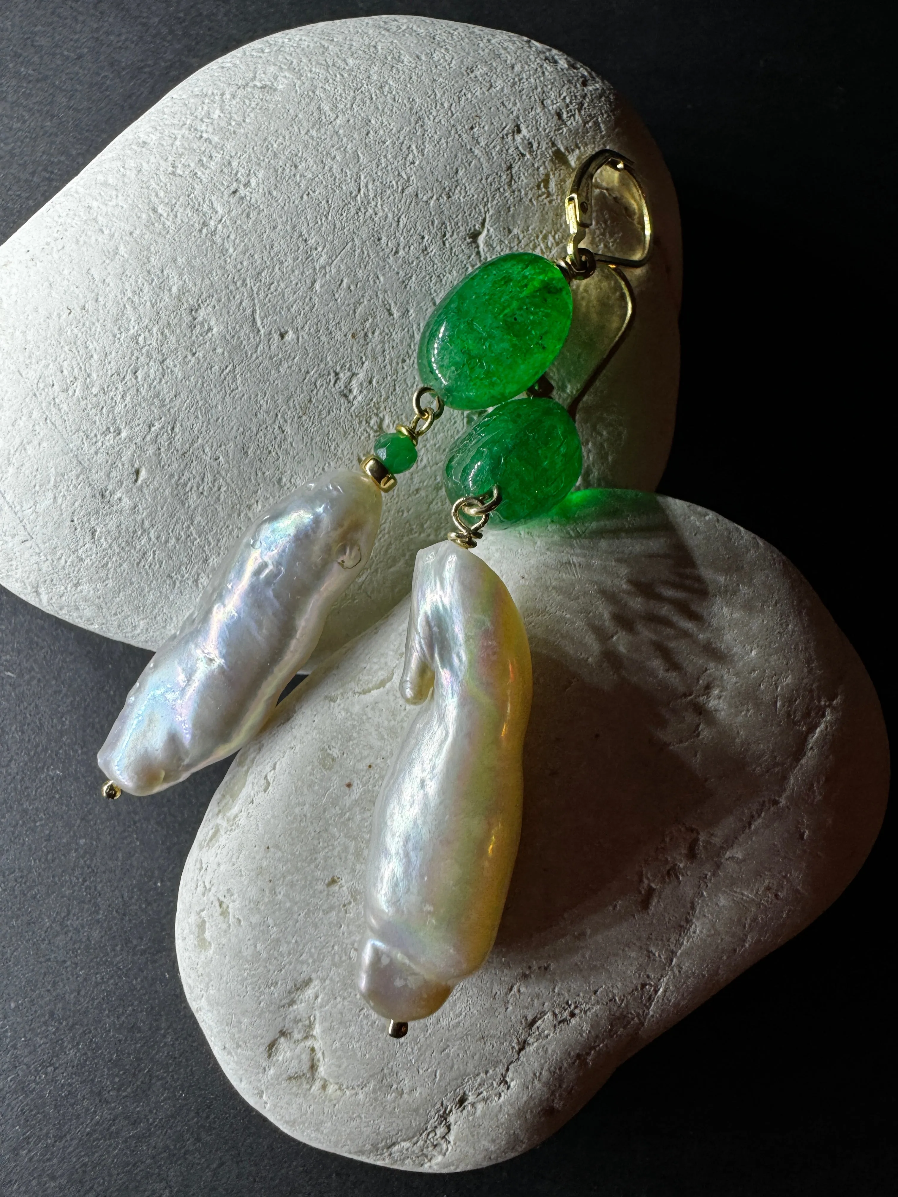 Zambian Emerald & Biwa Pearl Earrings